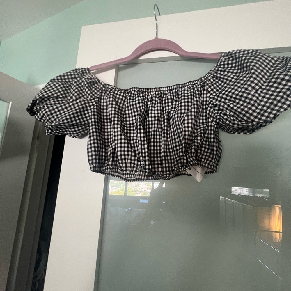 Reformation Black and White Checkered Off-Shoulder Blouse